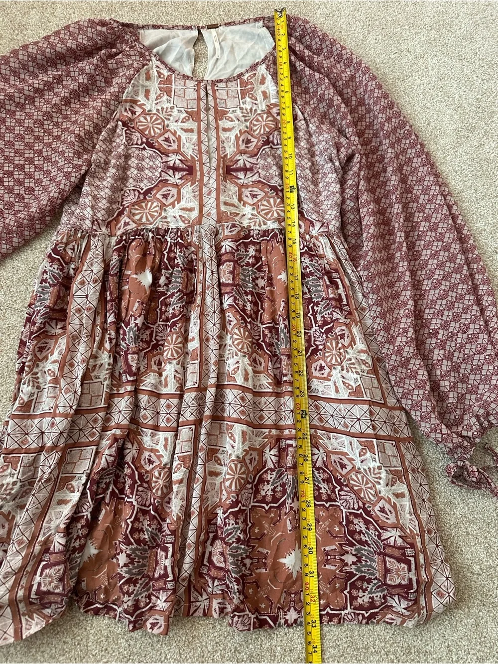 Free People Oksana Mini Dress Boho Paisley Pink Print Long Sleeve Size 6